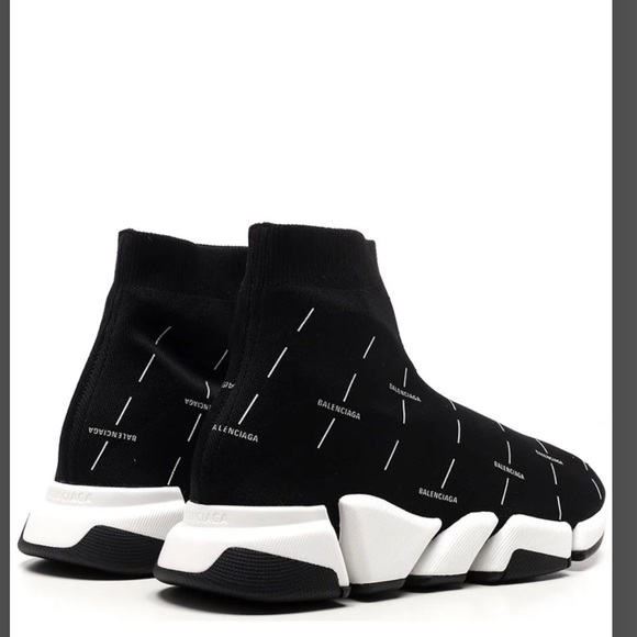 Balenciaga Speed 2.0 Knit Sneaker Black & White All Over Logo Size 44 or 11 - Picture 2 of 12